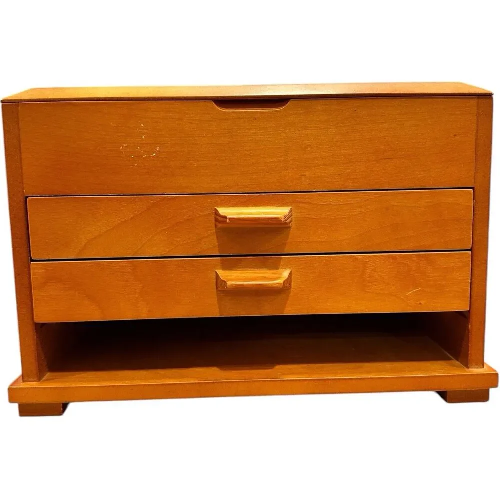 JEWELRY BOX BIRCH WOOD FELT LINED TWO DRAWER HINGED LID COMPARTMENT MIRROR